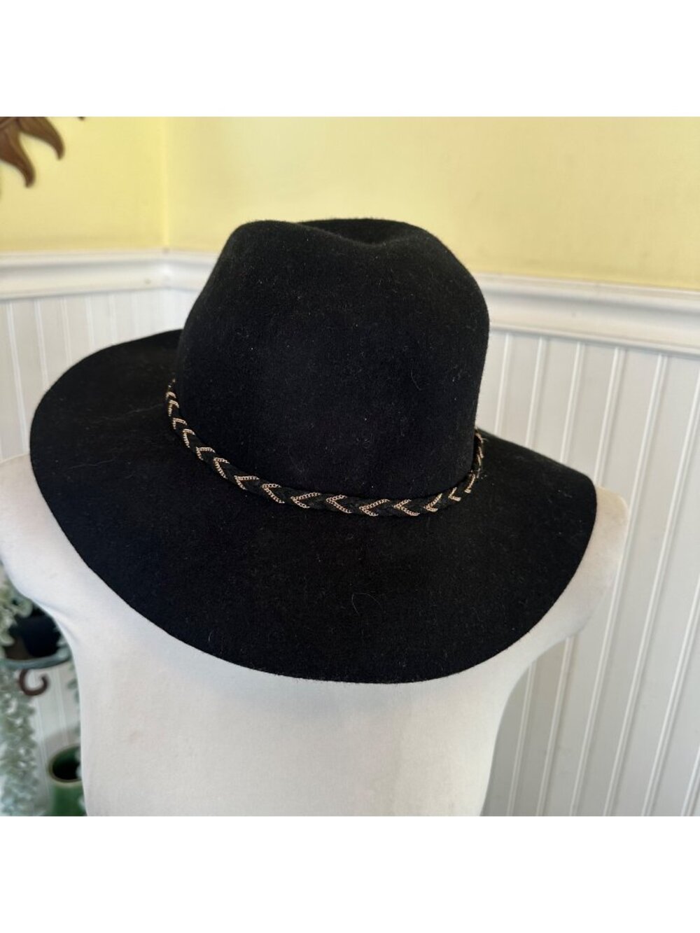 Wide-Brim Black Wool Fedora With Braided Metallic Gold Accent Band
